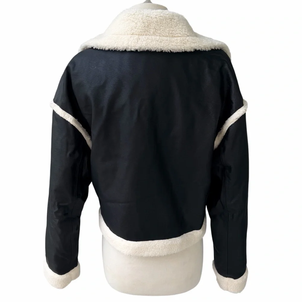 Hollister Crop Aviator Moto Jacket Vegan Leather Sherpa Lined Black Medium - Picture 2 of 8